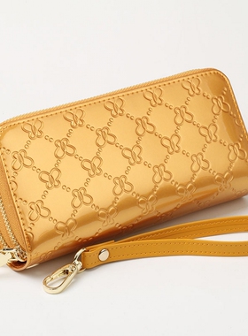 酷奇黄色钱包女士新款漆皮大容量手拿包双层拉链可放手机钱夹代发