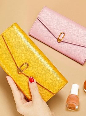 酷奇纯皮牛皮黄色招财钱包女长款2025新款真皮拉链放手机大容量皮