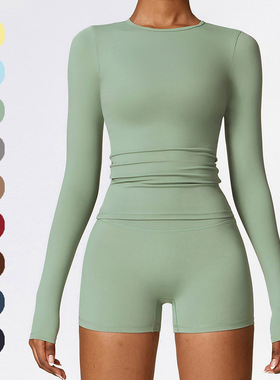 欧美裸感磨毛长袖瑜伽服女秋冬健身跑步紧身速干保暖T恤运动上衣