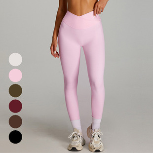 收腹提臀瑜伽长裤 女速干运动裤 交叉V腰磨毛裸感高腰健身裤 非蜜桃