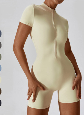 无胸垫欧美夏季拉链短袖瑜伽连体服女薄款舞蹈健身紧身运动连体衣