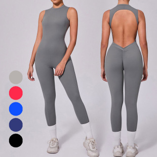 运动连身服健身服长裤 欧美速干美背无袖 瑜伽连体衣女蜜桃臀一体式