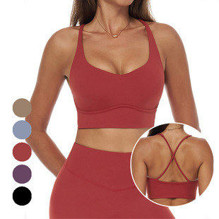 欧美磨毛瑜伽文胸女交叉美背速干背心式运动内衣普拉提健身上衣