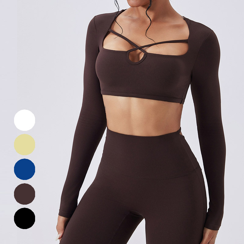 有胸垫 方领镂空长袖瑜伽上衣女速干休闲健身服普拉提运动健身T恤