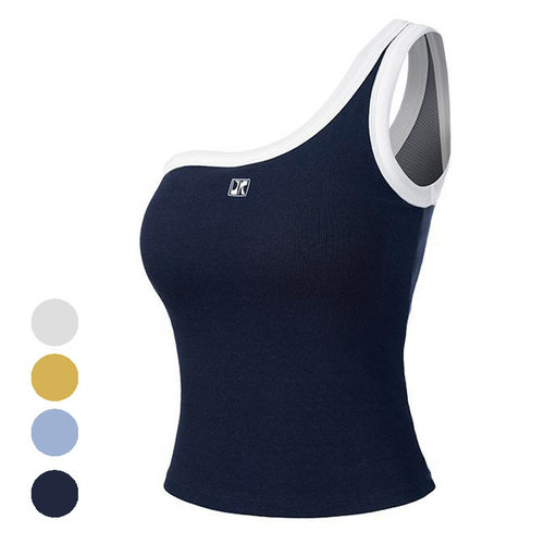 带胸垫一体式单肩拼色运动背心女夏休闲外穿内搭无袖修身健身上衣