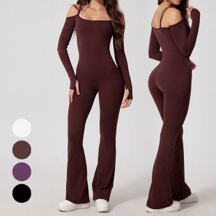 欧美一体杯瑜伽连体衣女秋冬速干一字肩套指长袖 健身连身服 微喇裤