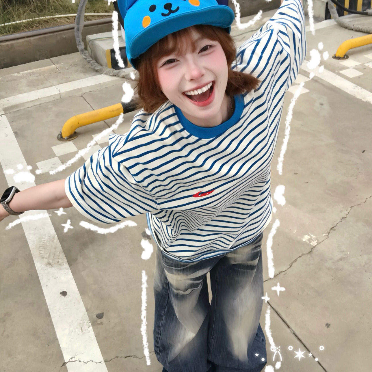 韩系设计感条纹撞色短袖t