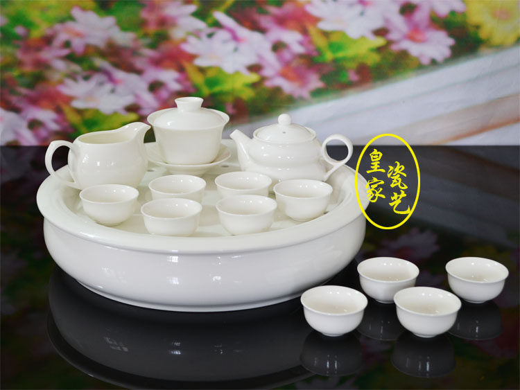 12寸纯白色骨瓷潮汕功夫茶具 潮州玉陶瓷 茶壶杯 家用办公圆茶盘