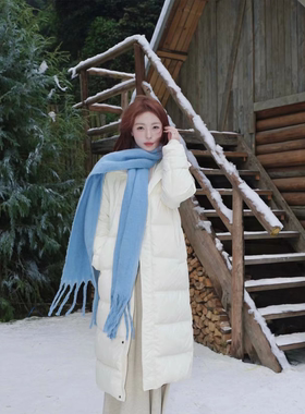 蓝色流苏纯色围巾女冬季氛围感加厚保暖防寒马海毛学生围脖披肩