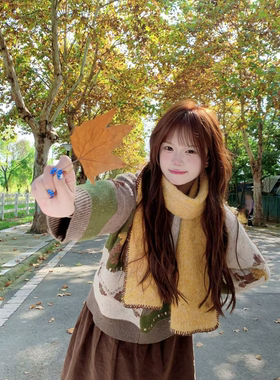 黄色软糯氛围感围巾女秋冬户外保暖学生围脖文艺加厚防寒护颈装饰