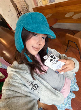 蓝色韩系羊羔绒保暖雷锋帽子女冬季大头围加厚防寒骑行雪地护耳帽