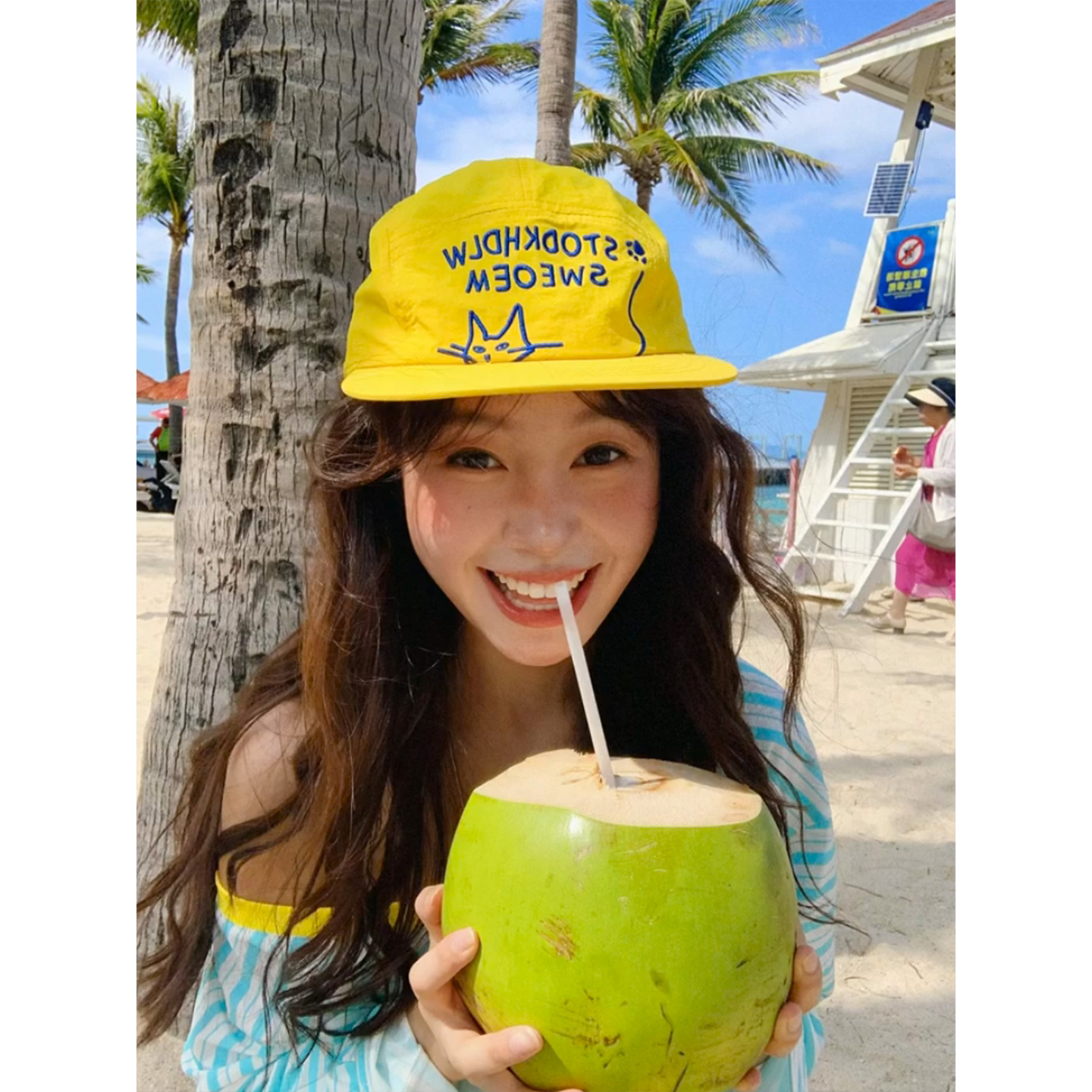 黄色卡通猫咪刺绣鸭舌帽女夏季显脸小宽帽檐遮阳百搭速干鸭舌帽子