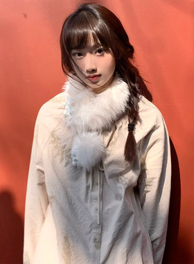 国风氛围感白色毛绒小巧围巾女冬季毛毛加绒可爱保暖护颈毛领围脖