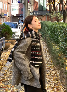 小众费尔岛提花条纹围巾女冬季2025新款加厚保暖软糯复古黑色围脖