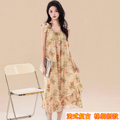 法式 居家长裙 复古花卉棉绸背心睡裙荷叶边下摆宽松睡衣裙女士大码