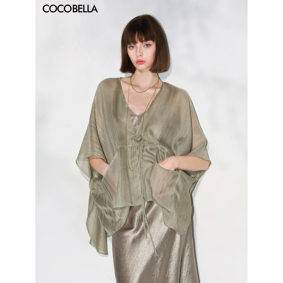 COCOBELLA新中式飘带薄外套国风盘扣纹理感披肩式开衫SN3003