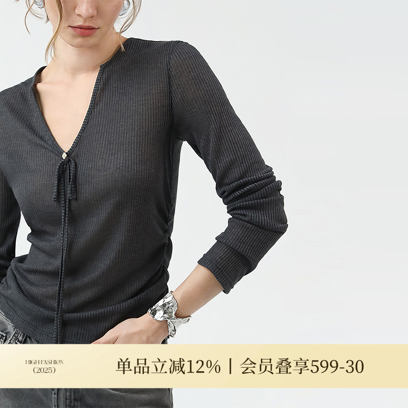 COCOBELLA亲肤微透视抽褶针织衫早秋飘带装饰V领打底衫MZ3191