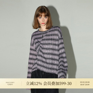 COCOBELLA立体抽褶条纹针织衫 T恤TS7008 设计感扭结毛边休闲长袖