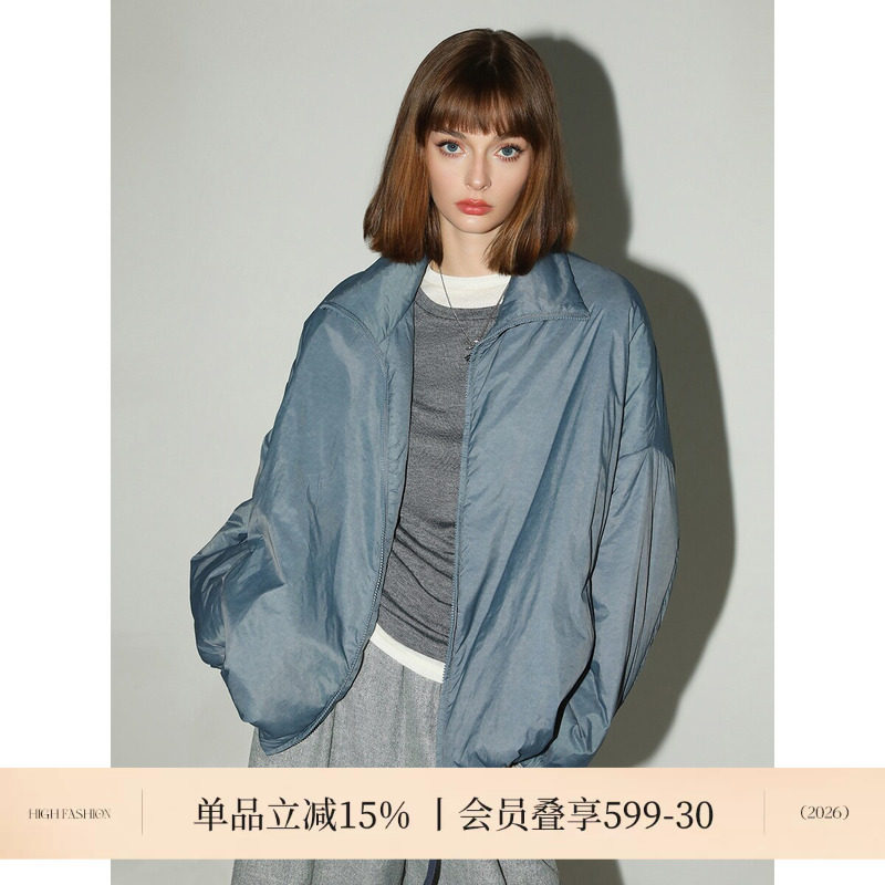 COCOBELLA奥莱雾蓝色渲染印花轻型棉服女冬松弛感立领夹克外套图片