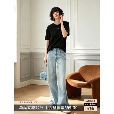 COCOBELLA时尚破洞宽松休闲牛仔裤女春夏水洗磨白直筒阔腿裤DN75