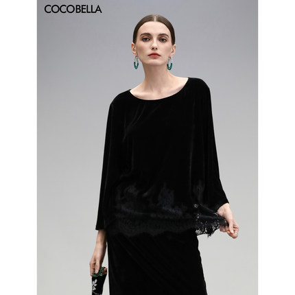 COCOBELLA静奢风丝绒上衣女不规则蕾丝拼接优雅通勤长袖T恤TS3038
