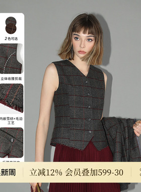 [断码清仓]COCOBELLA格纹毛呢西装风马甲女通勤毛边马夹WS7001