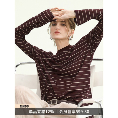 COCOBELLA[安可拉红]撞色条纹长袖T恤早秋圆领开叉休闲上衣TS3198