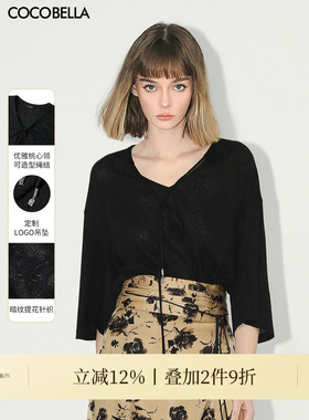 COCOBELLA镂空提花V领系带五分袖针织衫女松弛感黑色T恤TS3002
