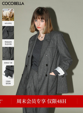 COCOBELLA格雷系穿搭明线千鸟格羊毛西装外套女通勤西服SI3018