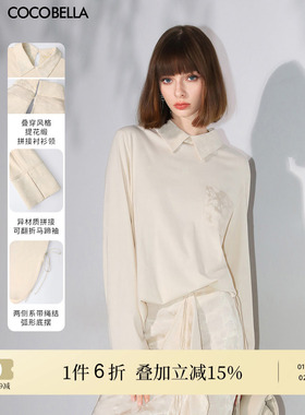 COCOBELLA新中式提花拼接翻折袖衬衫女气质国风套头上衣SR7060