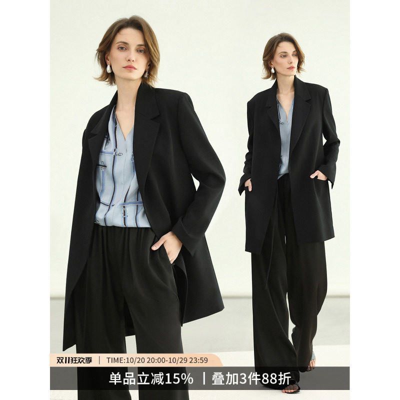 COCOBELLA奥莱高智感通勤气质长款外套女秋冬纸片人系带正肩西装