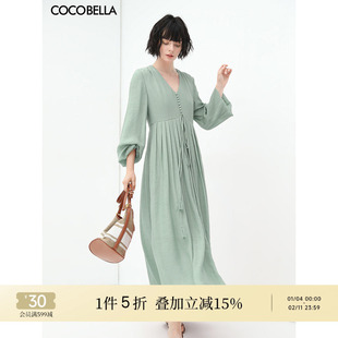 [断码清仓]COCOBELLA法式优雅大摆V领连衣裙度假沙滩长裙NFR16