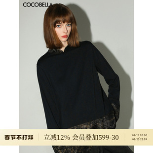 COCOBELLA新中式烫金缎面拼接针织衬衫女小立领气质衬衣SR0051