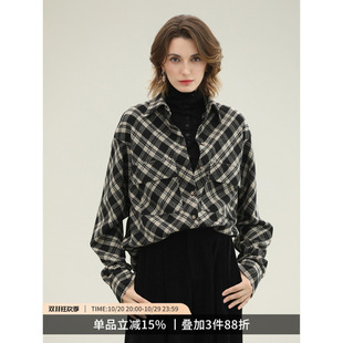 COCOBELLA奥莱精纺含羊毛色织格子衬衫女秋冬设计感外套上衣