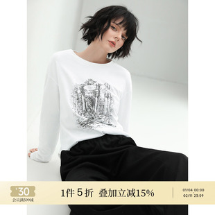 COCOBELLA设计感素描图案印花T恤舒适休闲时尚百搭长袖上衣NTS33