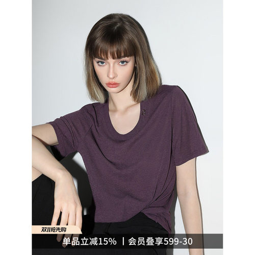 COCOBELLA奥莱金属LOGO垂坠舒适短袖针织衫春夏宽松休闲圆领T恤