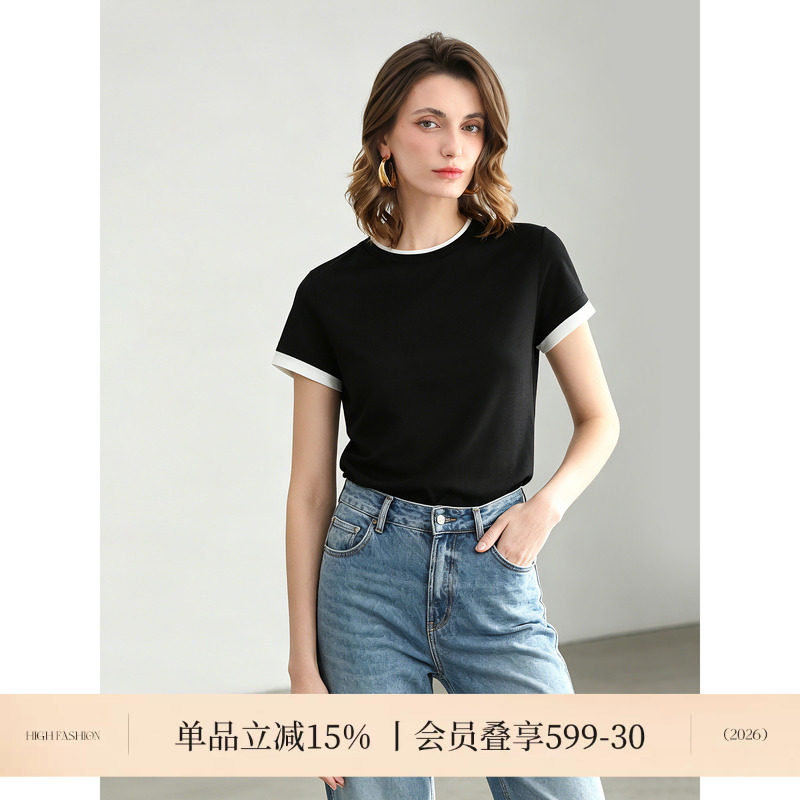 COCOBELLA奥莱黑白撞色拼接假两件T恤女通勤显瘦百搭短袖上衣图片