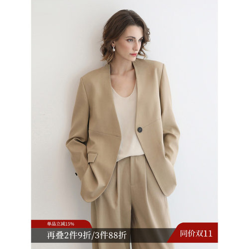 COCOBELLA奥莱轻奢高智感V领西装女秋冬卡其色极简通勤休闲外套