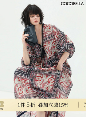 COCOBELLA波普印花异域风连衣裙女春夏流苏毛边V领度假长裙FR930