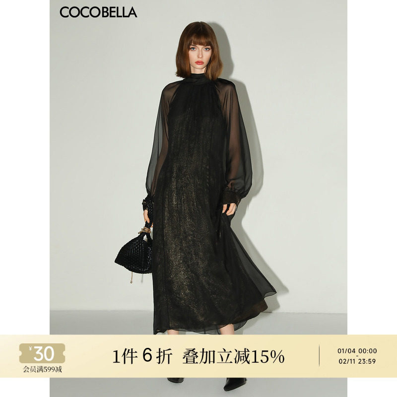 COCOBELLA赫本风优雅气质小黑裙女半高领假两件长袖连衣裙FR0053,女装/女士精品,连衣裙,淘宝优惠券,粉丝福利购,淘宝优惠卷