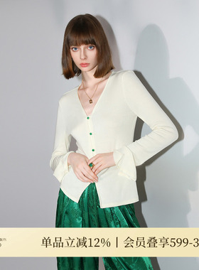 COCOBELLA新中式玉石扣针织衫女纸片人国风黑色长袖开衫MZ0012B