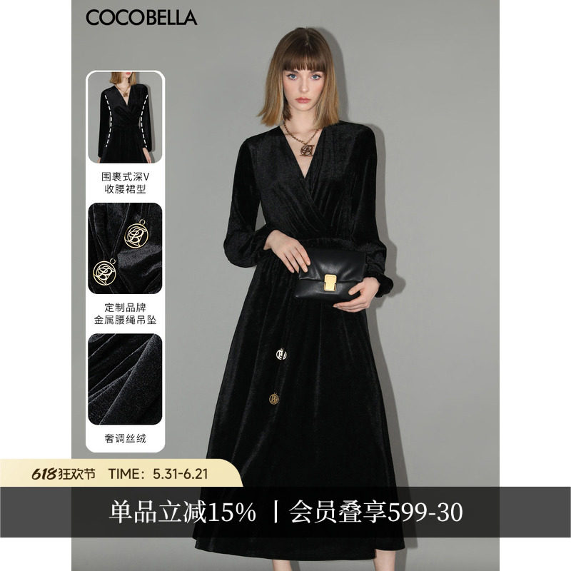 [底价清仓]COCOBELLA赫本风光泽丝绒小黑裙气质连衣裙长裙FR198