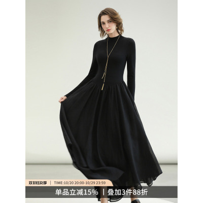 COCOBELLA奥莱黑色赫本风针织拼接连衣裙女秋冬小黑裙大摆长裙