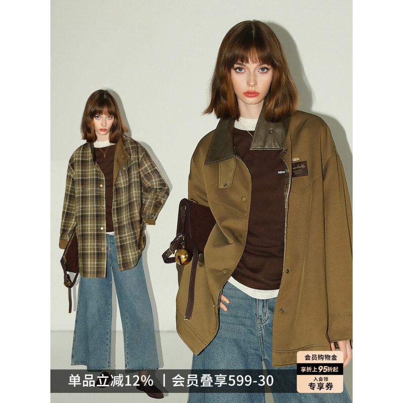 COCOBELLA双面穿毛呢外套女格纹PU领巴恩风通勤大衣夹克SC0048