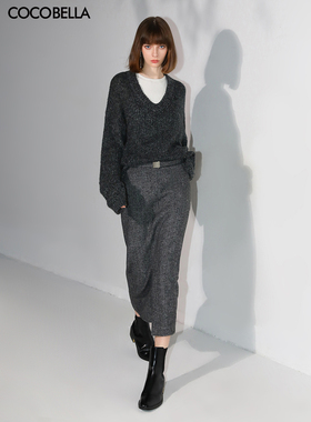 COCOBELLA[miu系穿搭]人字纹羊毛半身裙秋冬毛呢长裙附腰带HS0058