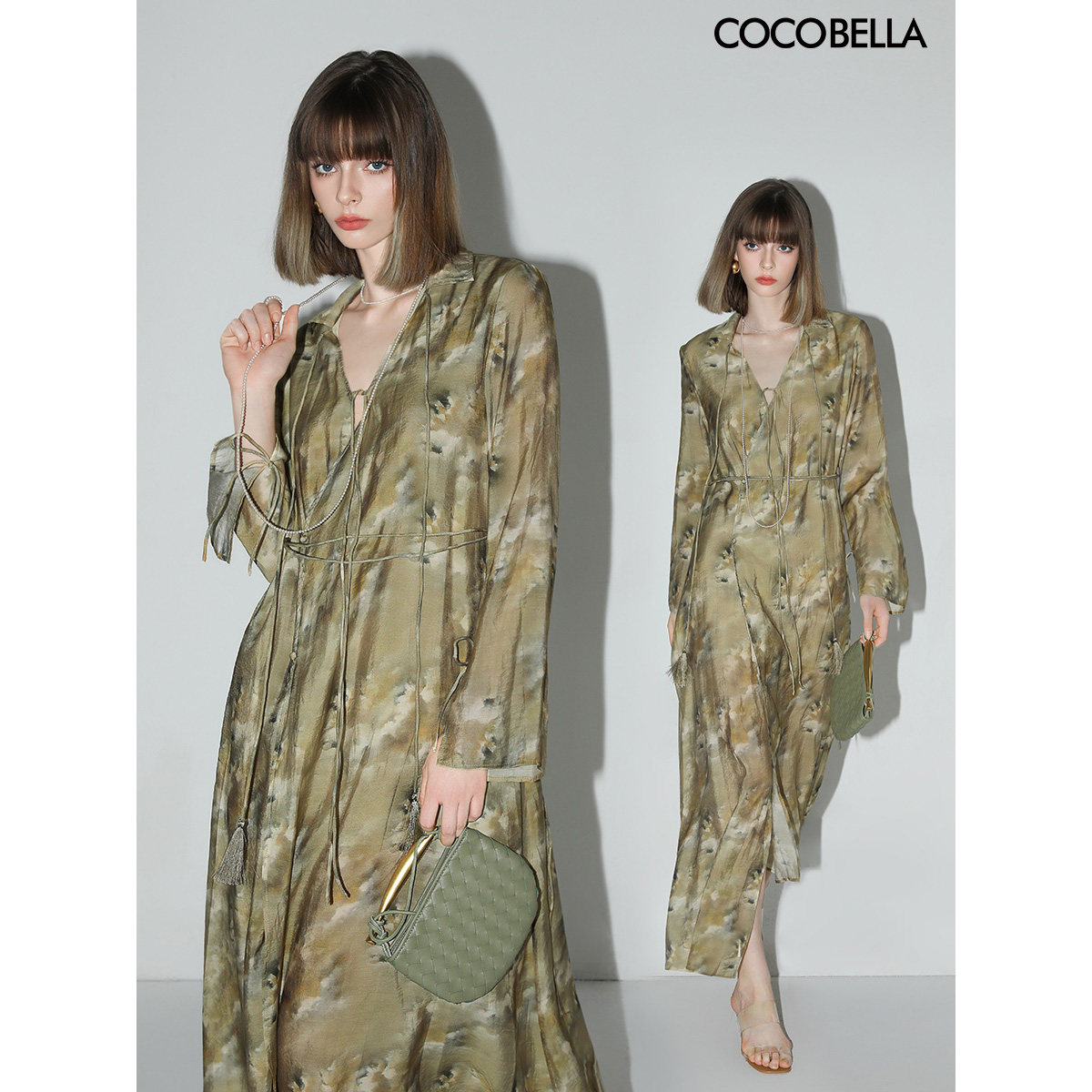 COCOBELLA晕染油画风印花度假风连衣裙女流苏飘带衬衫裙FR3007