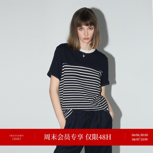 COCOBELLA软糯细针条纹正肩短袖T恤女撞色拼接纯棉针织衫TS7022