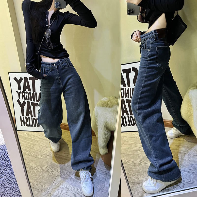 直筒阔腿长裤加绒牛仔2024冬季
