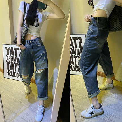 欧货高腰宽松破洞蓝色做旧老爹直筒牛仔裤女2025夏季哈伦裤萝卜裤