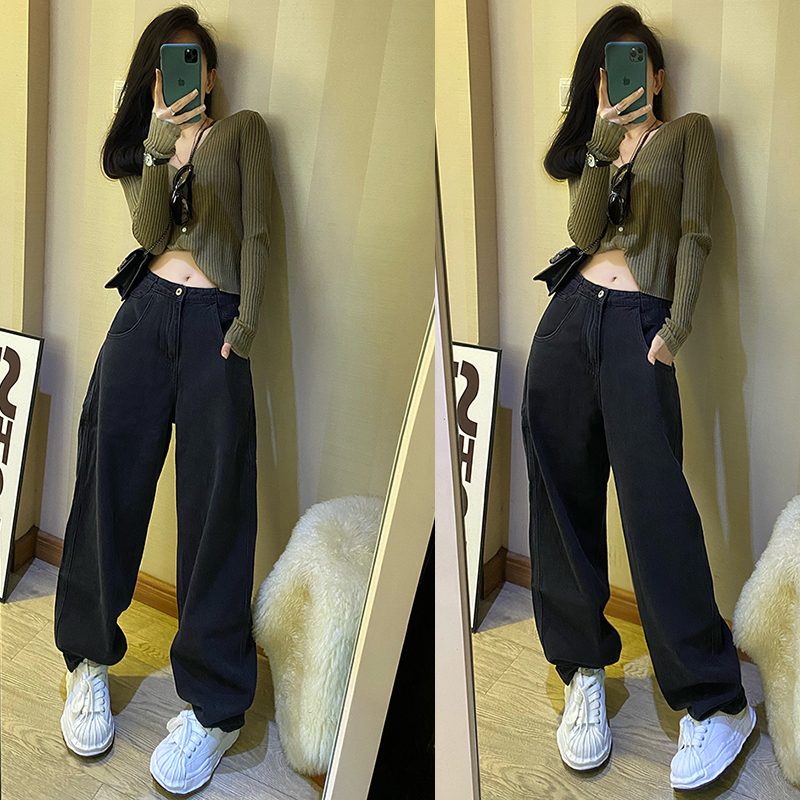 黑色高腰阔腿春秋拖地牛仔裤